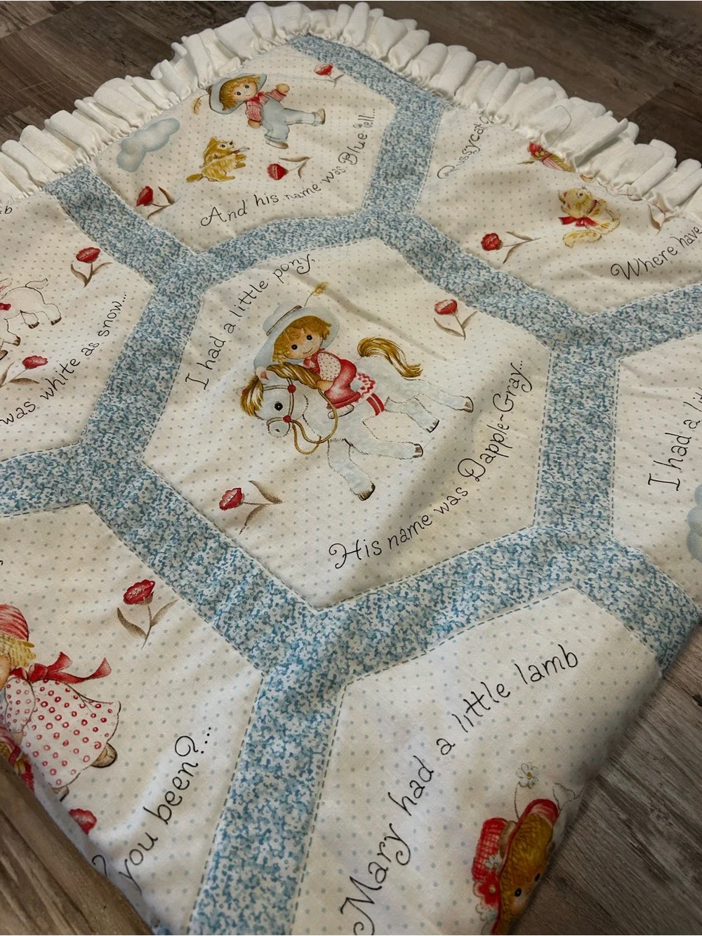 Vintage 80s baby blue and white blanket nursery rhyme spring mills hexagon 46x46